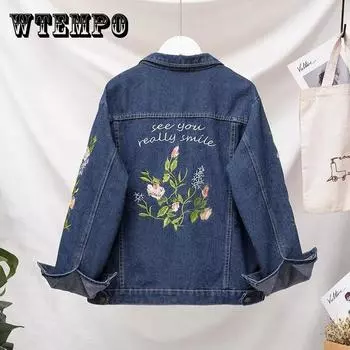 Женская джинсовая куртка больших размеров с цветочной вышивкой, женская весенне-осенняя свободная студенческая куртка, топ XXXL