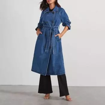 Женская джинсовая куртка, двубортная, с боковыми карманами, шнуровка, завязка на талии, средней длины, однотонное пальто с отложным воротником, уличная одежда S чёрный