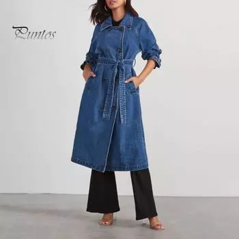 Женская джинсовая куртка, двубортная, с боковыми карманами, со шнуровкой и завязкой на талии, средней длины, однотонное пальто с отложным воротником, уличная одежда для активного отдыха S чёрный