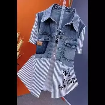 Женская джинсовая куртка Fake Two Denim Футболки Лето Осень Повседневная мода Joker Stitching Striped Tops Coat Female 4XL