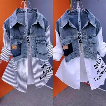 Женская джинсовая куртка Fake Two Denim Shirts Весна Осень Повседневная мода Joker Stitching Striped Tops Coat Female 4XL