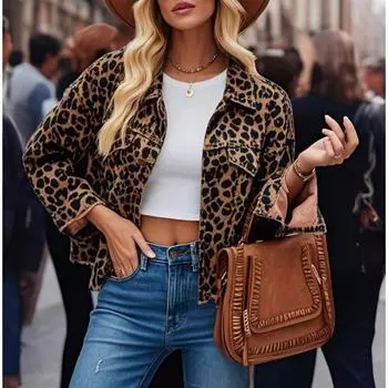 Женская джинсовая куртка Justalwart с леопардовым принтом в стиле ретро, застегивающаяся на пуговицы спереди, бомбер S цветной печати леопарда