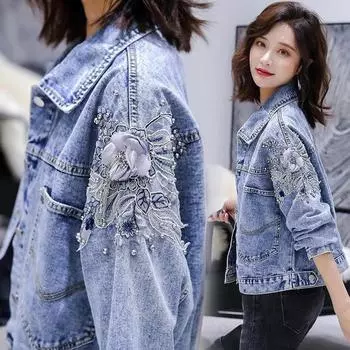 Женская джинсовая куртка на весну и осень, свободная джинсовая повседневная куртка, модная джинсовая куртка с дырками и вышивкой, большие размеры XL синий