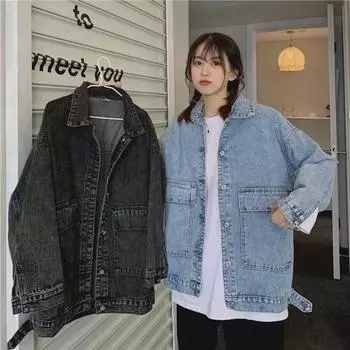 Женская джинсовая куртка осень 2024 года в корейском стиле — свободная, универсальная, с длинными рукавами в стиле ретро XXL серый/чёрный