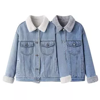 Женская джинсовая куртка осень/зима премиум-класса из овечьей шерсти с укороченным топом M синий