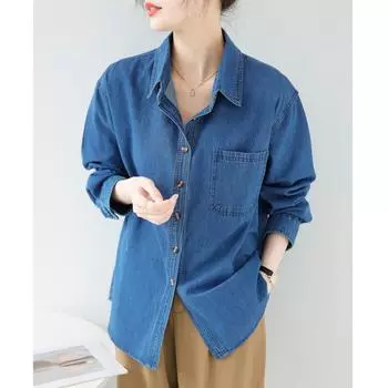 Женская джинсовая куртка-рубашка синего цвета, новая коллекция осени 2024 года, корейский ретро-дизайн в стиле Гонконга Small темно-синий