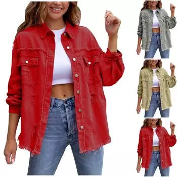 Женская джинсовая куртка, рубашки на пуговицах, потертое пальто с карманами L хаки