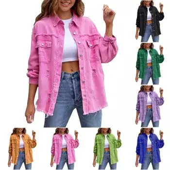 Женская джинсовая куртка, рубашки на пуговицах, потертое пальто с карманами L чёрный