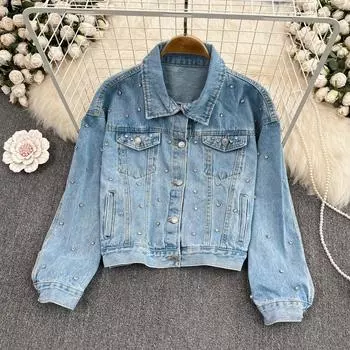 Женская джинсовая куртка RUGOD с бисером, осень-зима 2022, свободная куртка с высокой талией