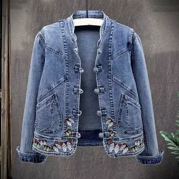 Женская джинсовая куртка с цветочной вышивкой, женская элегантная однобортная джинсовая куртка, осенняя модная верхняя одежда больших размеров
