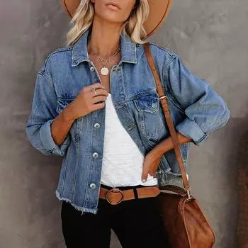 Женская джинсовая куртка с длинным рукавом, базовая укороченная повседневная джинсовая куртка с лацканами на пуговицах L небесно-голубой