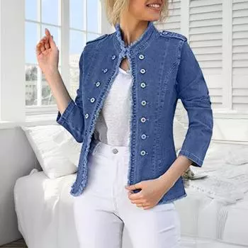 Женская джинсовая куртка с длинным рукавом и необработанным краем, эластичная джинсовая куртка облегающего кроя с застежкой на пуговицы, укороченное джинсовое пальто XL синий