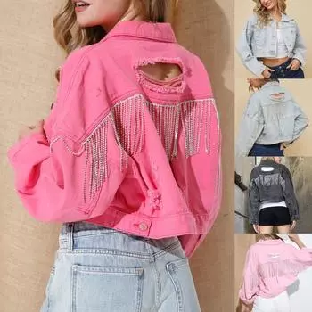 Женская джинсовая куртка с длинными рукавами и кисточками со стразами и рваными отверстиями, короткое пальто XL чёрный