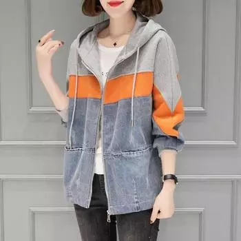 Женская джинсовая куртка с капюшоном, весенняя свободная куртка большого размера, осеннее повседневное джинсовое пальто одного цвета 2XL синий