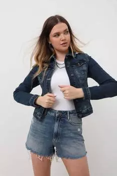 Женская джинсовая куртка с карманами, синяя