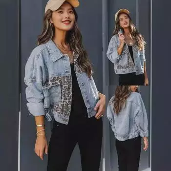 Женская джинсовая куртка с леопардовым принтом и строчкой - длинный рукав, осень/зима, европейский и американский стиль XL светло-синий