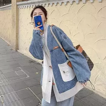 Женская джинсовая куртка с небольшим ароматом контрастного цвета, женская весенняя свободная вязаная куртка-кардиган в корейском стиле для невысоких людей S