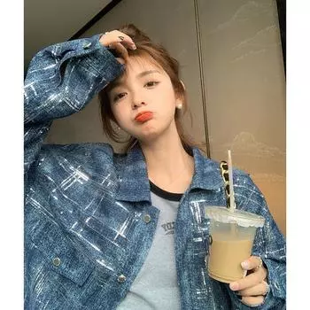 Женская джинсовая куртка с пайетками, стильные лацканы, модная однобортная, свободная, омолаживающая и универсальная S