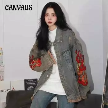 Женская джинсовая куртка с принтом тай-дай, весенне-осенняя куртка средней длины с рваными отверстиями, мешковина с пламенной вышивкой, топы для пар S синий