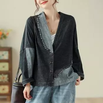 Женская джинсовая куртка с пуговицами, свободная, с кисточками, синяя, с узором «сращивание», винтажный кардиган XXL чёрный