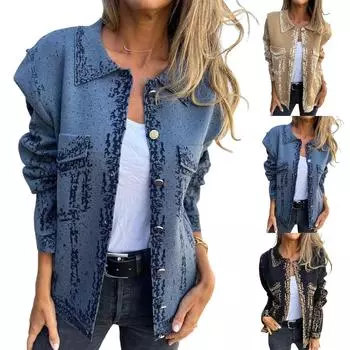 Женская джинсовая куртка с разноцветными металлическими пуговицами на лацканах L чёрный