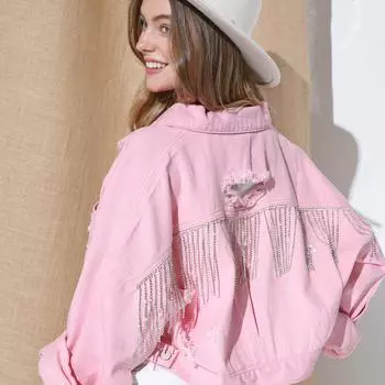Женская джинсовая куртка с рваной курткой и бахромой со стразами S розовый