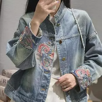 Женская джинсовая куртка с вышивкой в этническом стиле - осень 2025 г., длинный рукав, нишевый короткий дизайн XL recommended 125-145 lbs синий