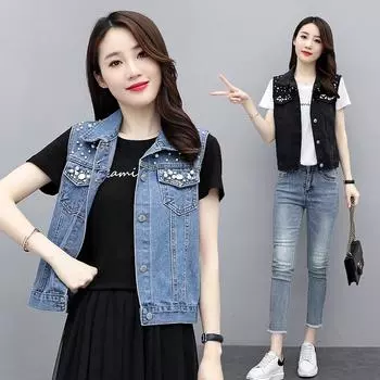Женская джинсовая куртка с жемчужными ногтями, свободная куртка на пуговицах с короткими лацканами, жилет без рукавов XXXXL чёрный