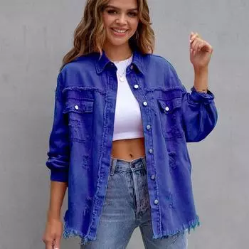 Женская джинсовая куртка средней длины с необработанными краями и отверстиями, осенне-зимняя, повседневная, с длинными рукавами и лацканами S чёрный