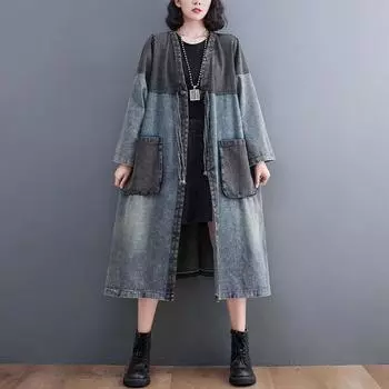 Женская джинсовая куртка средней длины с v-образным вырезом и контрастной строчкой, свободная ветровка большого размера с длинными рукавами в стиле ретро XXL синий