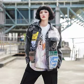 Женская джинсовая куртка свободного кроя с длинными рукавами и аппликациями в стиле газеты, весна-осень, большой размер, трендовое пальто для отдыха One Size синий