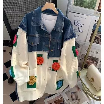 Женская джинсовая куртка свободного кроя с объемными цветами на весну и осень, повседневные удобные топы в стиле темперамент 5XL