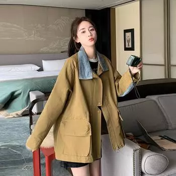 Женская джинсовая куртка свободного силуэта с двойными планками и карманами-клапанами, ветровка цвета хаки для женщин S