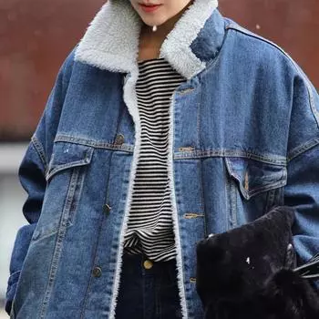 Женская джинсовая куртка, утолщенная длинная часть пальто из овечьего меха XS джинсовый