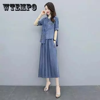 Женская джинсовая куртка в этническом стиле, широкие брюки, костюм из двух предметов, темпераментный джинсовый костюм в китайском стиле, украшение с вышитым узором XXXL