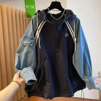 Женская джинсовая куртка в стиле пэчворк на весну и осень с капюшоном и полумолнией большого размера XXXXL