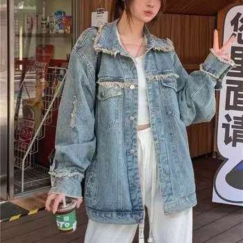 Женская джинсовая куртка в стиле ретро, элитный кардиган, осень 2023, новинка американского повседневного модного дизайна, джинсовое пальто, уличный тренд Y2k S светло-синий