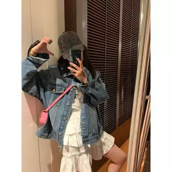 Женская джинсовая куртка в стиле ретро Harajuku в стиле Гонконга начала осени имеет нишевый дизайн S синий