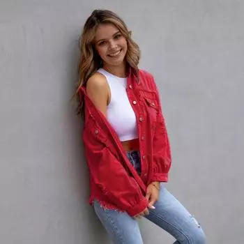 Женская джинсовая куртка в стиле ретро, однобортная, с рваными отверстиями, отложным воротником, длинными рукавами, однотонными карманами с клапанами, женское пальто для поездок на работу и шопинга S красный