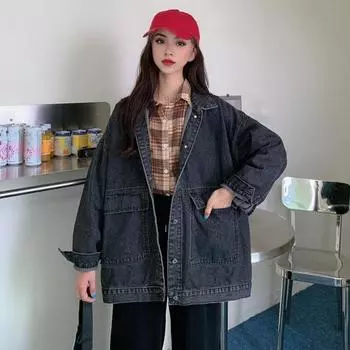 Женская джинсовая куртка в стиле ретро, однобортная, свободный отложной воротник, длинные рукава, однотонные карманы, большие размеры для женщин XL синий