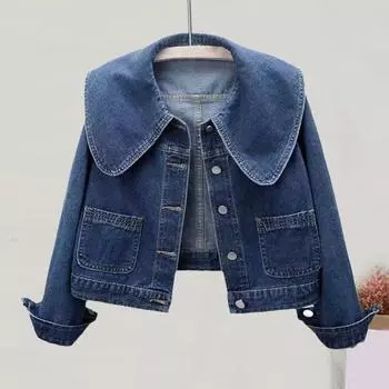 Женская джинсовая куртка в стиле ретро, однобортная, с кукольным воротником, длинными рукавами, однотонными боковыми карманами, женское пальто для поездок на работу и шопинга S синий