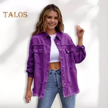 Женская джинсовая куртка в стиле ретро, однобортная, с рваными отверстиями, отложным воротником, длинными рукавами, однотонными карманами с клапанами, женское пальто для поездок на работу и шопинга L зелёный