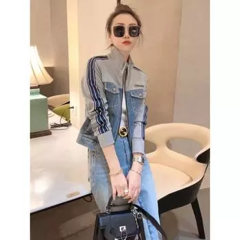 Женская джинсовая куртка в стиле ретро пэчворк в корейском стиле 2023 года — омолаживающий короткий воротник-стойка на молнии, топ с длинными рукавами на весну L (110-120 jin)