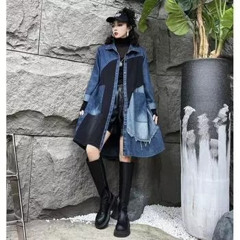 Женская джинсовая куртка в стиле ретро с эффектом потертости на весну и осень, повседневная свободная ветровка с цветными блоками 2XL