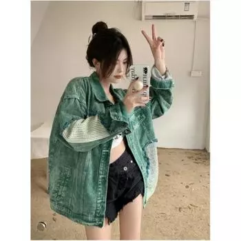 Женская джинсовая куртка весна-осень с длинным рукавом и цветными блоками XL