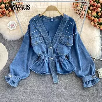 Женская джинсовая куртка весна-осень свободная модная куртка Bf с V-образным вырезом и бисером, короткая на талии one size синий