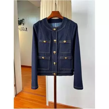 Женская джинсовая куртка весна-осень в стиле ретро, короткая, свободная, с круглым вырезом, блузка в стиле темперамент 3XL синий