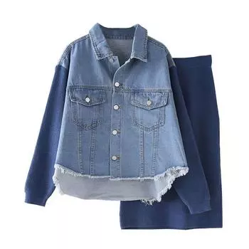 Женская джинсовая лоскутная куртка, комплекты из двух предметов, вязаная юбка, повседневное однобортное вязаное пальто с рукавами, свитер, юбка one size жёлтый