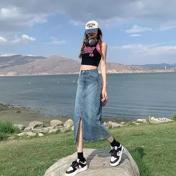 Женская джинсовая полуюбка с разрезом спереди, завышенная талия, подчеркивающая тонкую фигуру, свободная юбка, облегающая бедра. XS синий