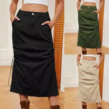 Женская джинсовая повседневная одежда весна/лето, юбка с карманами, повседневная юбка средней длины L армия зеленый